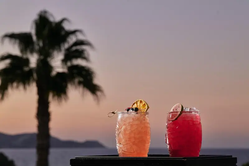 Deux cocktails colorés sont présentés sur une table sombre avec une vue sur la mer au coucher du soleil.