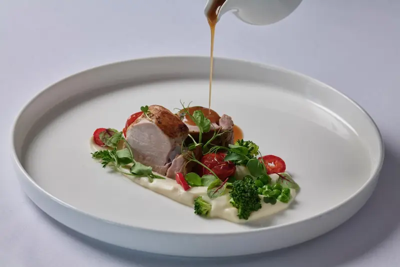 Assiette de volaille nappée d'une sauce brune, accompagnée de légumes et d'une crème.