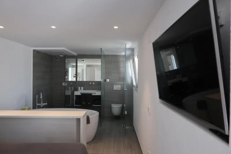Une chambre moderne avec une baignoire et une douche à l'italienne.