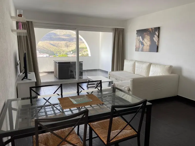 Un salon lumineux s'ouvre sur une terrasse avec vue sur les montagnes.