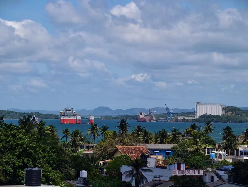 Vue d'ensemble sur une baie avec des navires et une végétation luxuriante.