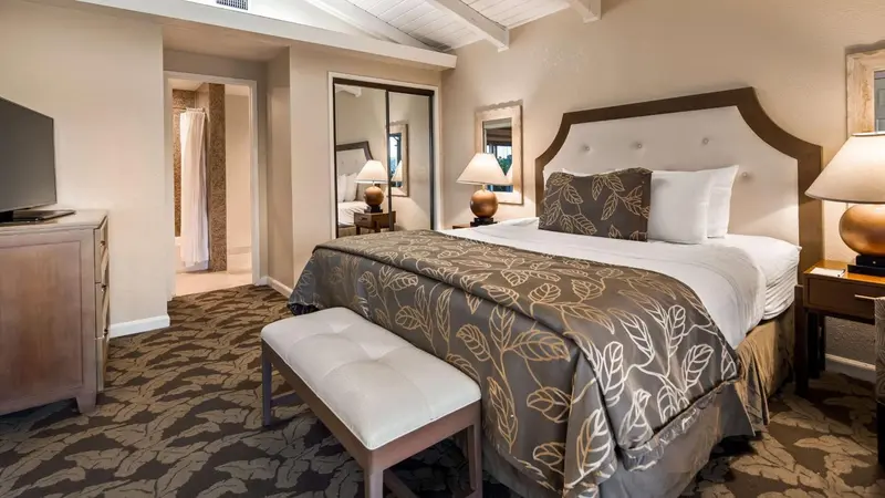 Une chambre spacieuse avec un grand lit et des meubles confortables.