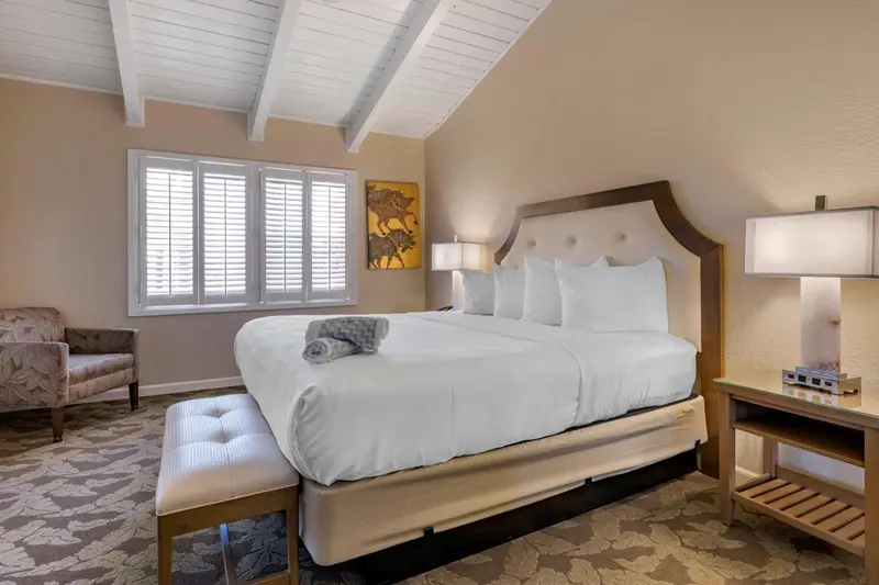 Une chambre lumineuse avec un grand lit recouvert de draps blancs.