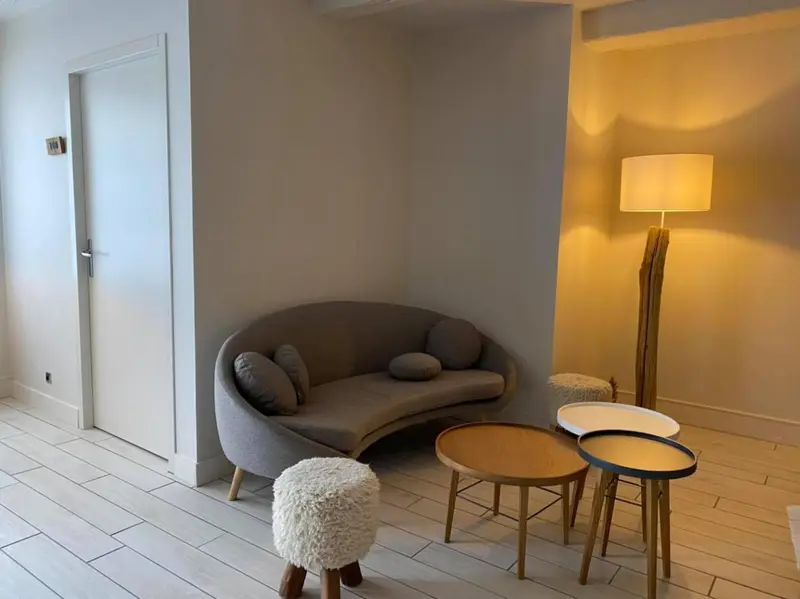 Un canapé gris et des tables basses dans une pièce lumineuse.