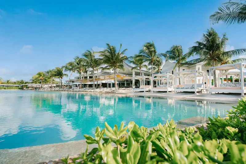 Une piscine turquoise bordée de transats blancs sous les palmiers.