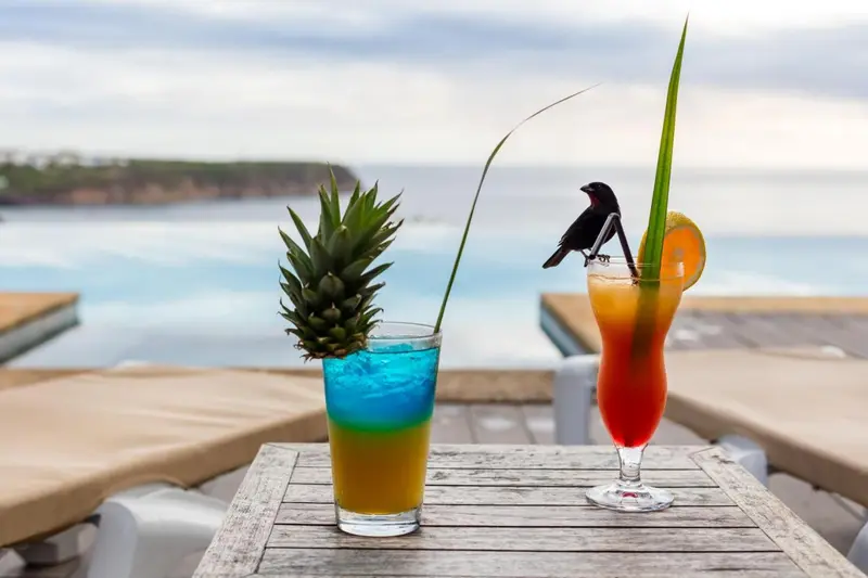 Deux cocktails colorés décorés de fruits exotiques sont présentés sur une table en bois au bord d'une piscine.