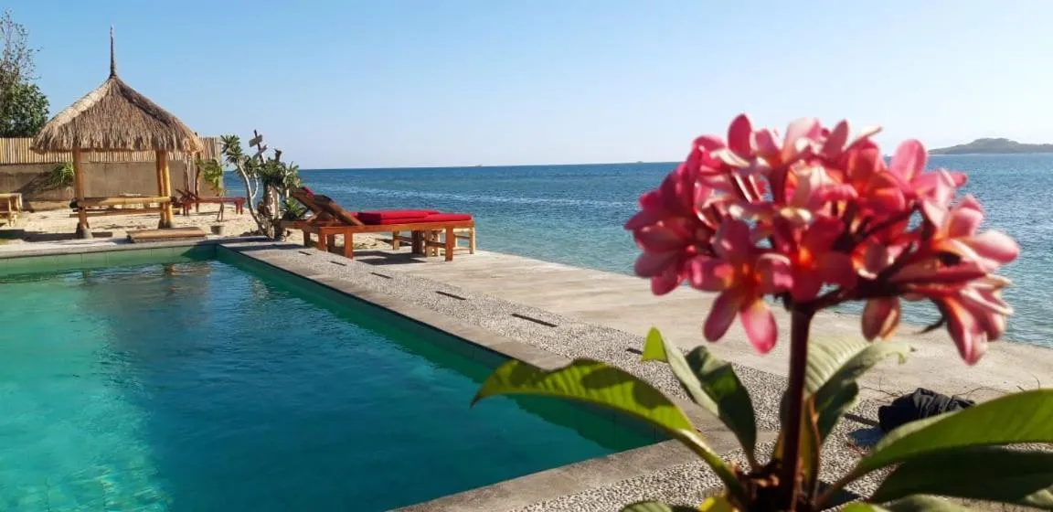 Une piscine bordée d'une terrasse ensoleillée avec vue sur la mer.