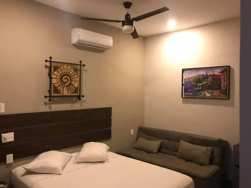 Une chambre lumineuse avec un lit et un canapé.