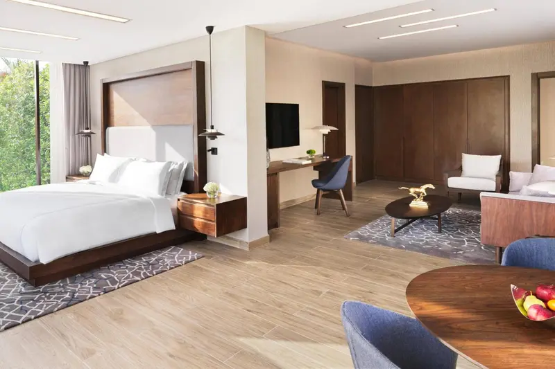 Une chambre spacieuse avec un grand lit et un coin salon.