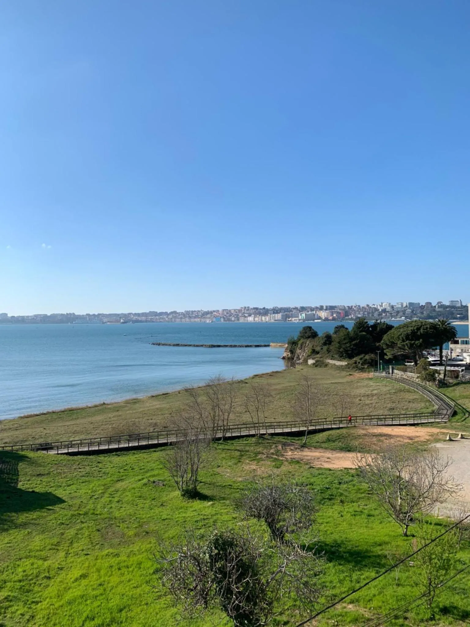 Vue d'une côte verdoyante surplombant la mer et une ville au loin.