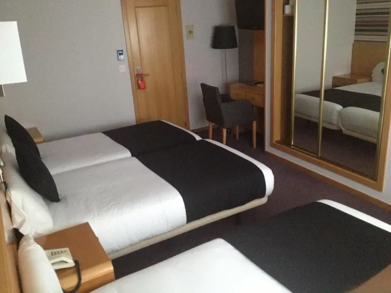 Une chambre d'hôtel avec deux lits simples et un bureau.