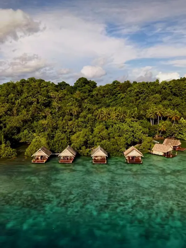Cabanes sur pilotis au milieu d'une eau turquoise et d'une végétation luxuriante.