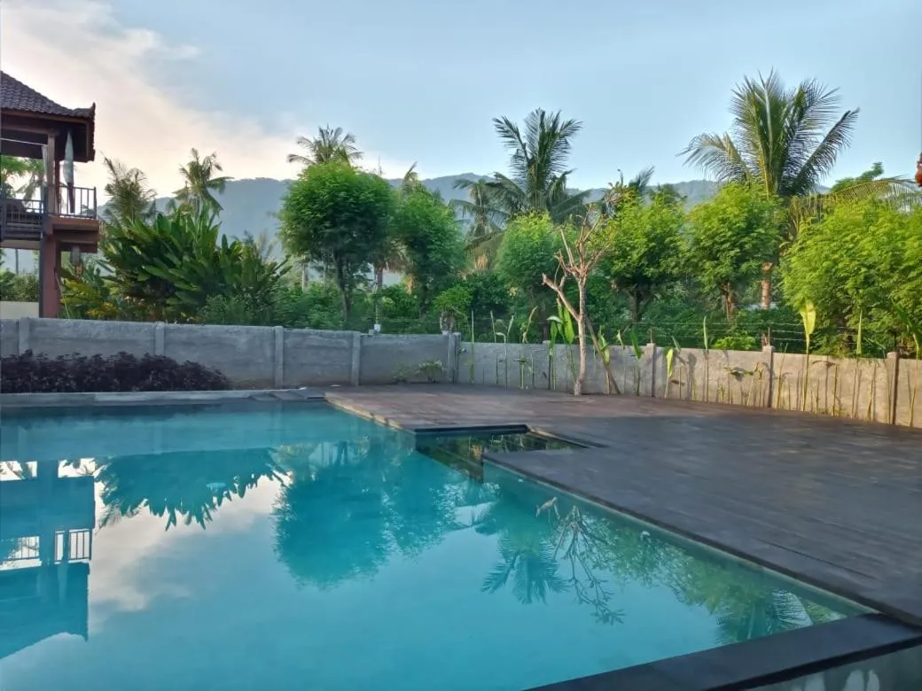 Une piscine rectangulaire bordée d'une terrasse en bois, entourée de végétation tropicale.