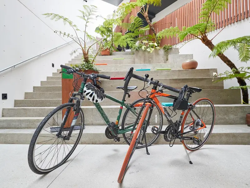 Des vélos sont garés devant un escalier en béton orné de plantes.