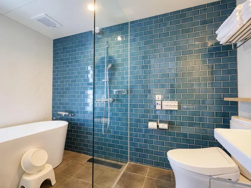 Une salle de bain moderne avec une douche à l'italienne et une baignoire.