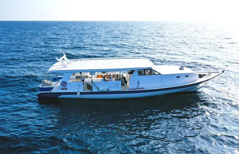 Bateau blanc naviguant sur une mer bleue.