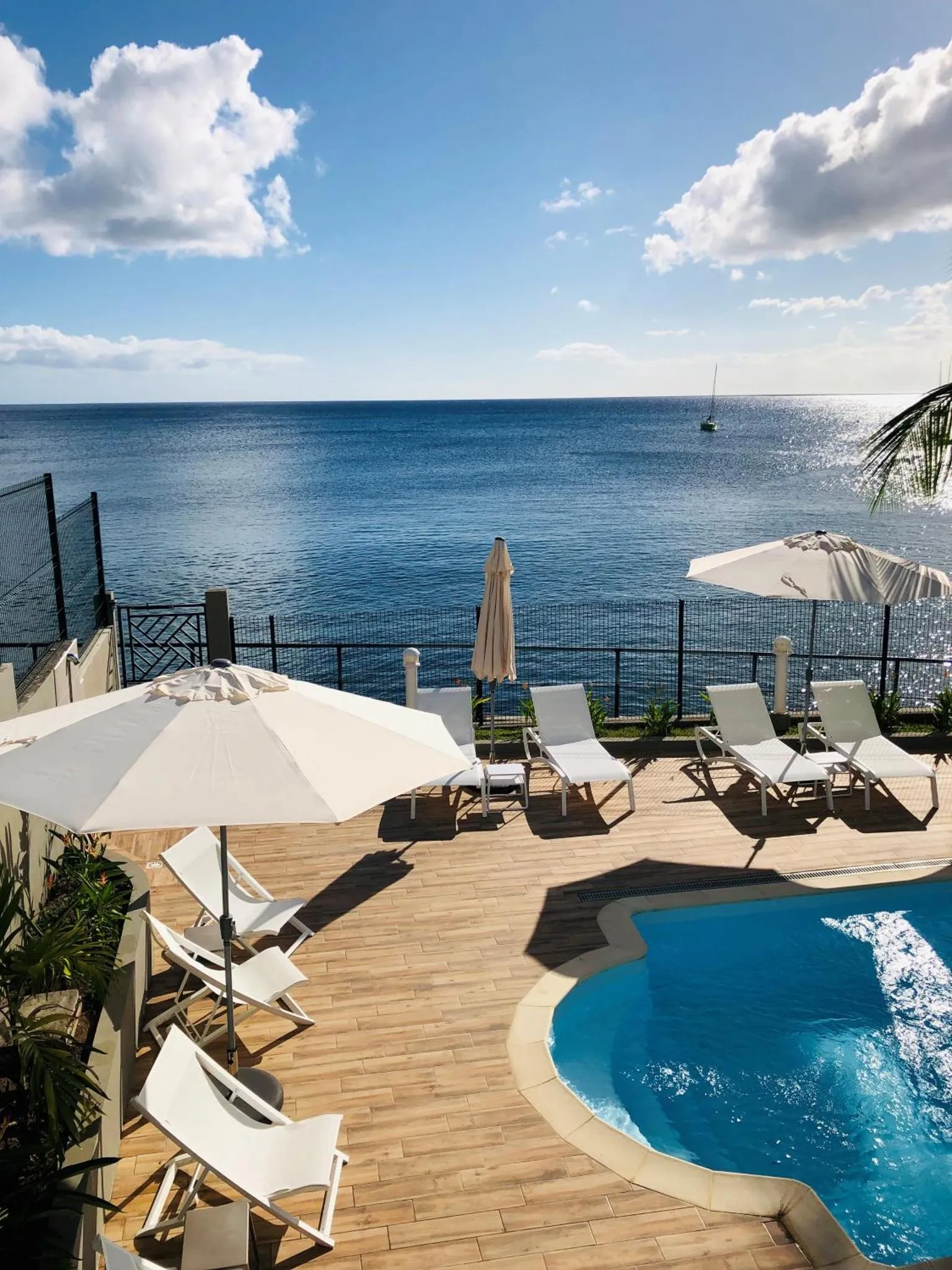 Terrasse avec transats et piscine face à la mer.