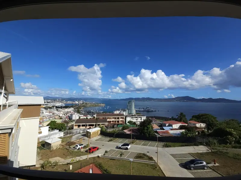 Vue panoramique sur une ville côtière et la mer sous un ciel nuageux.