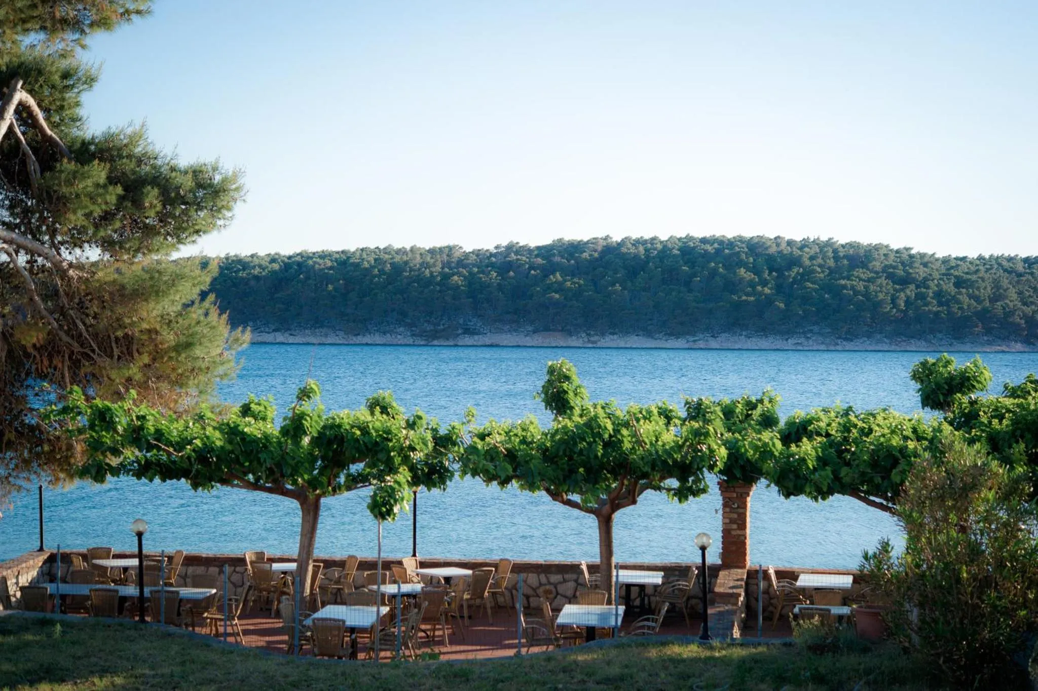 Terrasse ombragée avec tables et chaises donnant sur la mer.