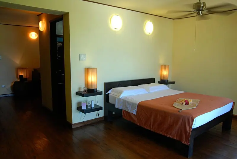 Une chambre lumineuse avec un grand lit et des luminaires.