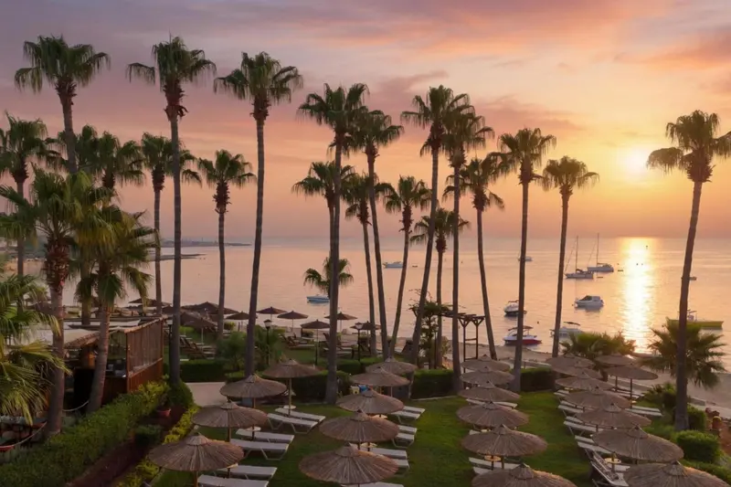 Palmiers au coucher du soleil sur une plage avec des parasols et des transats.