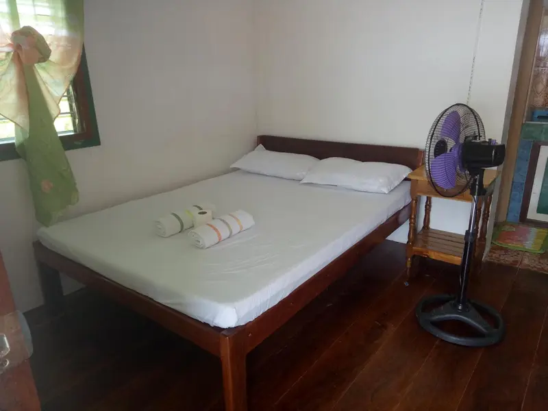Une chambre lumineuse avec un lit simple et un ventilateur.