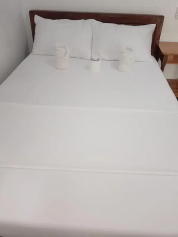 Lit double recouvert d'une couverture blanche dans une chambre lumineuse.