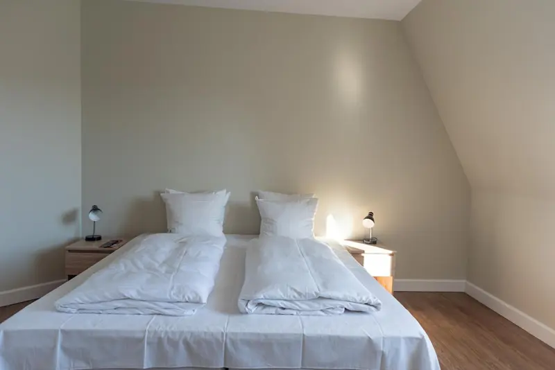 Une chambre avec un lit double et deux lampes de chevet.