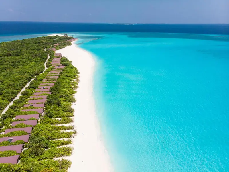 Vue aérienne d'une plage de sable blanc bordée de végétation luxuriante et d'une eau turquoise.