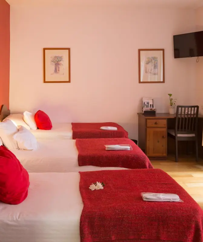 Une chambre lumineuse avec deux lits simples et une décoration sobre.