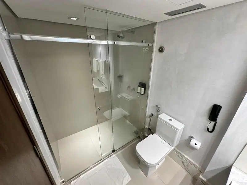 Une salle de bain moderne avec douche à l'italienne et toilettes.