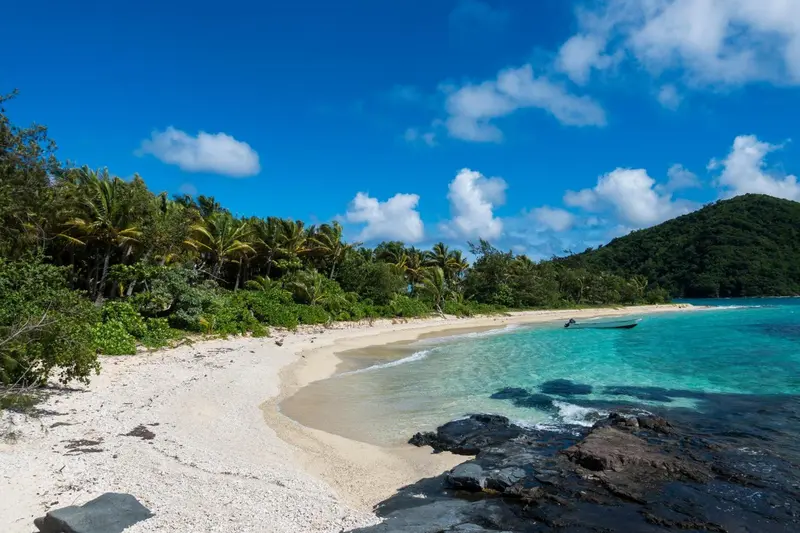 Une plage de sable blanc bordée d'une eau turquoise et d'une végétation luxuriante.