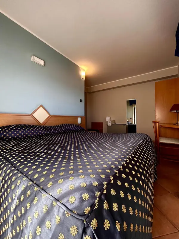Une chambre d'hôtel avec un grand lit recouvert d'une courtepointe à motifs.