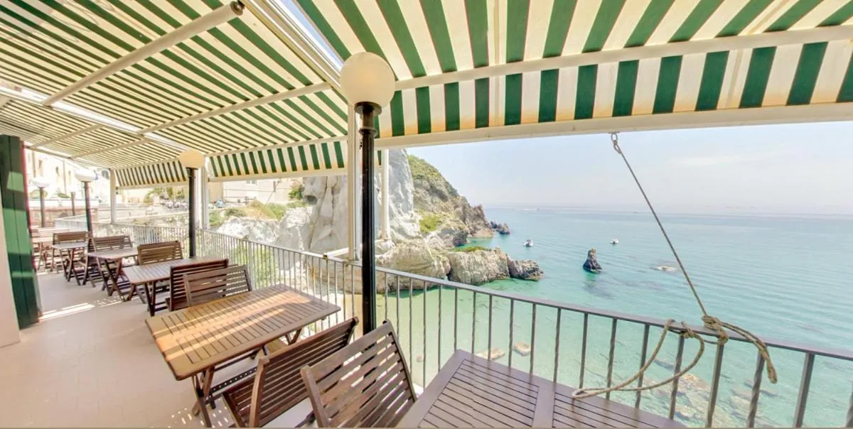 Terrasse ombragée donnant sur une vue côtière rocheuse et la mer.