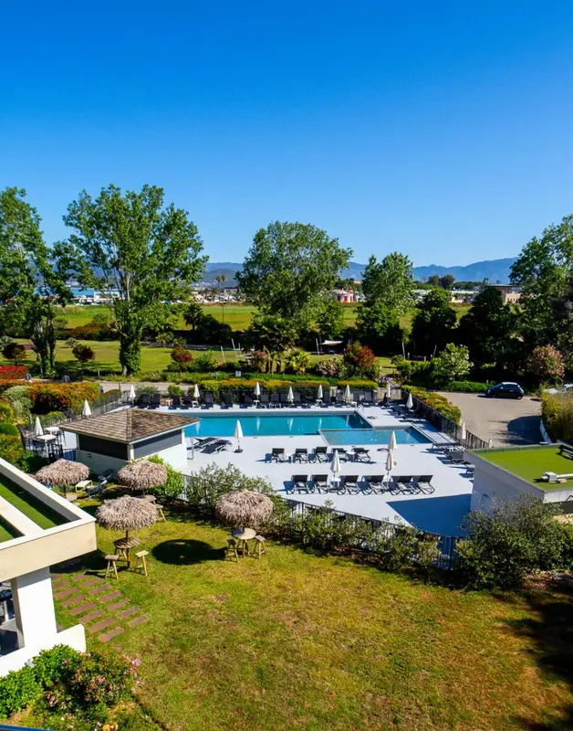 Vue aérienne d'une piscine et d'un espace de détente verdoyant.