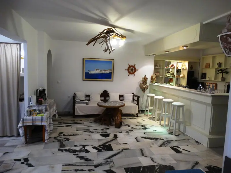 Espace de vie lumineux avec coin salon et bar.