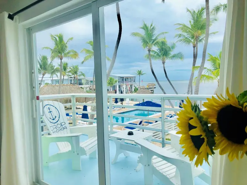 Vue sur une plage de palmiers depuis une terrasse ensoleillée.