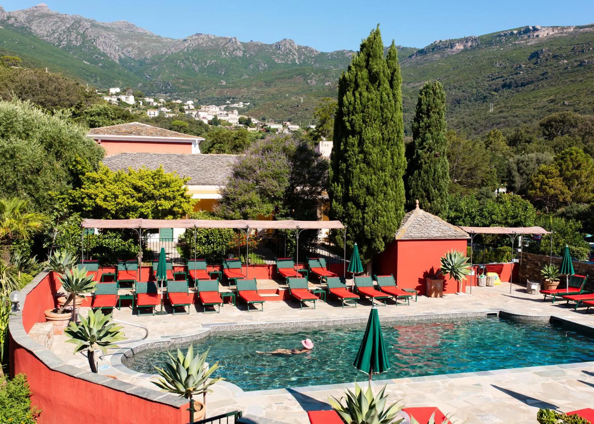 Une piscine ensoleillée avec des transats et une végétation luxuriante en arrière-plan.