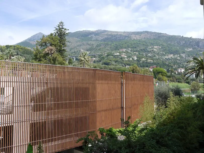 Terrasse en bois avec garde-corps ajouré donnant sur un paysage montagneux.