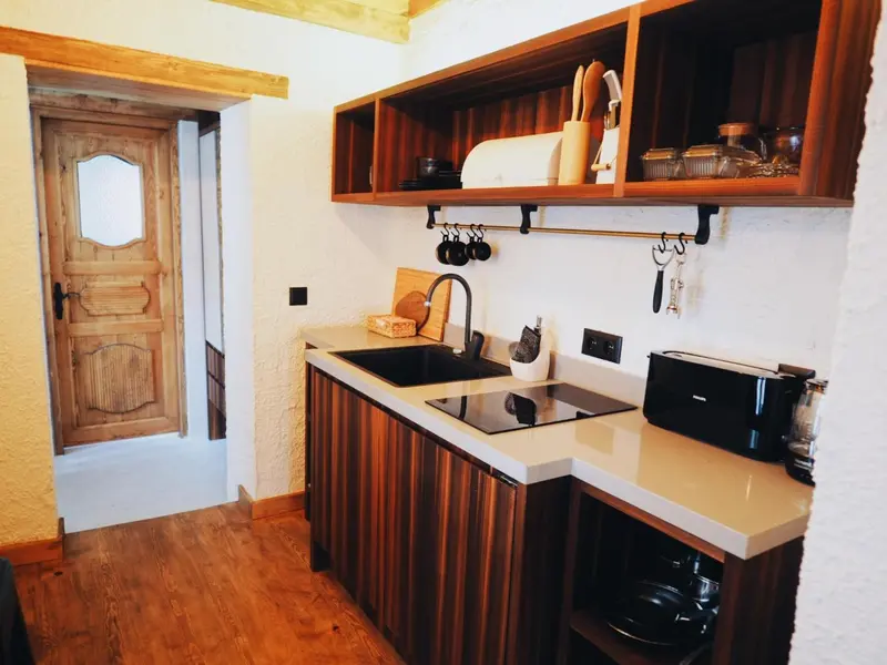 Une kitchenette en bois avec un évier et une plaque de cuisson.