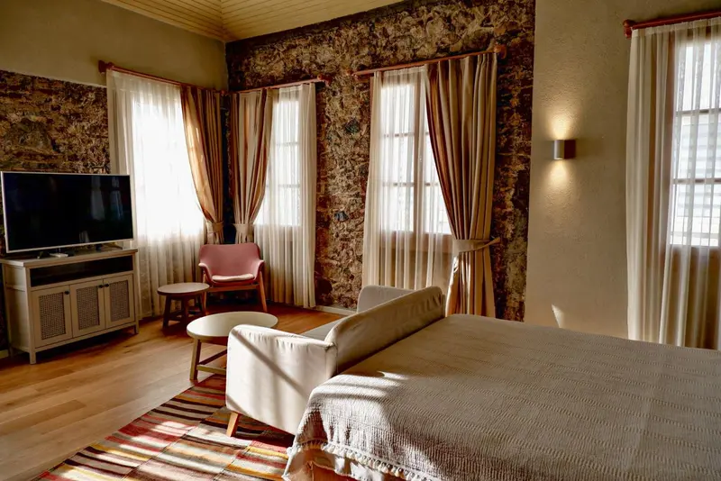 Une chambre lumineuse avec un canapé, un fauteuil et un téléviseur.