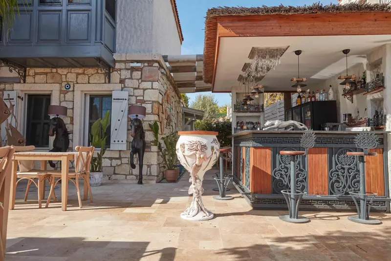 Terrasse ombragée avec un bar et des tables à manger.