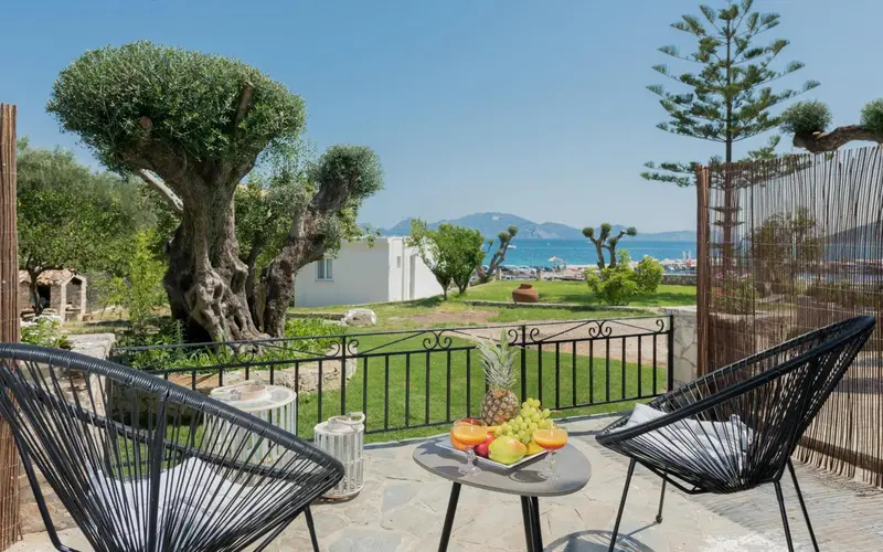 Terrasse avec mobilier d'extérieur et vue sur un jardin verdoyant et la mer.