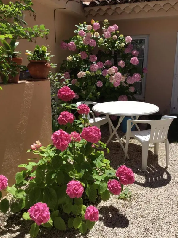 Une terrasse fleurie avec une table et des chaises blanches.