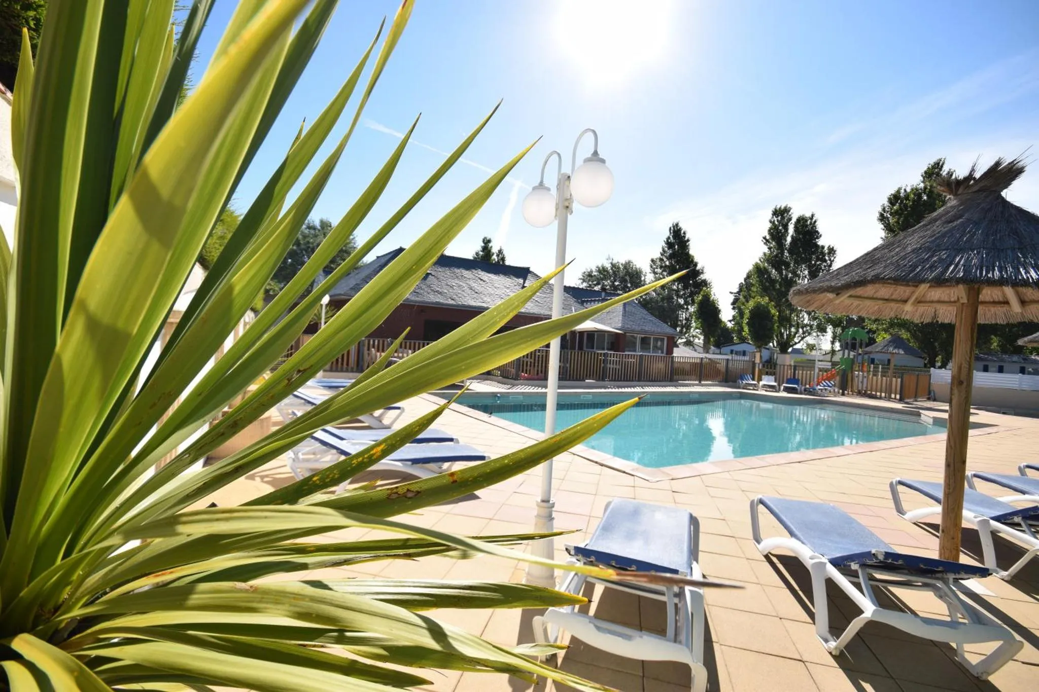 Transats bleus disposés autour d'une piscine ensoleillée, ombragée par un parasol en chaume.
