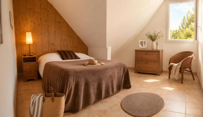 Une chambre lumineuse avec un lit recouvert d'une couverture marron et d'oreillers.