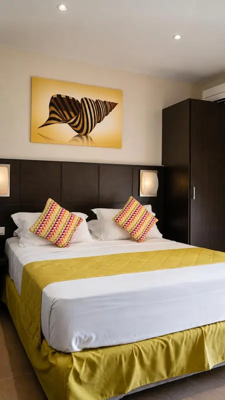 Une chambre lumineuse avec un grand lit recouvert d'une courtepointe jaune et de coussins colorés.