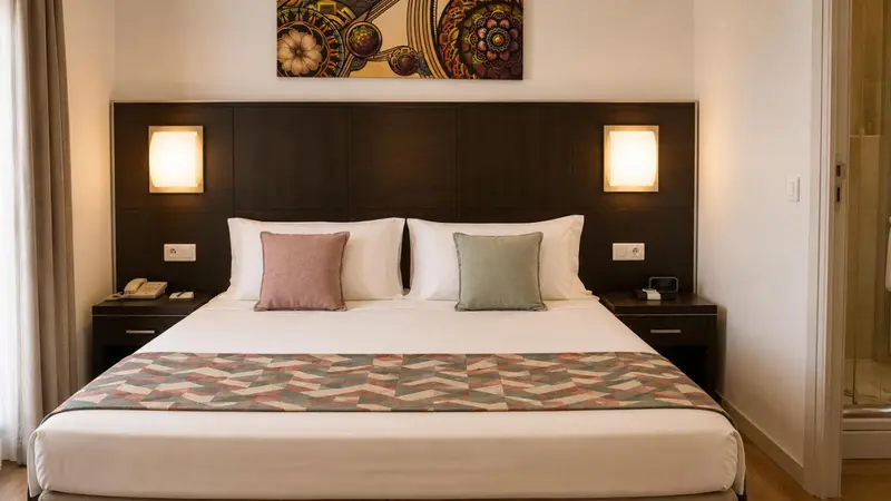 Une chambre avec un grand lit recouvert d'une courtepointe décorative et de coussins.