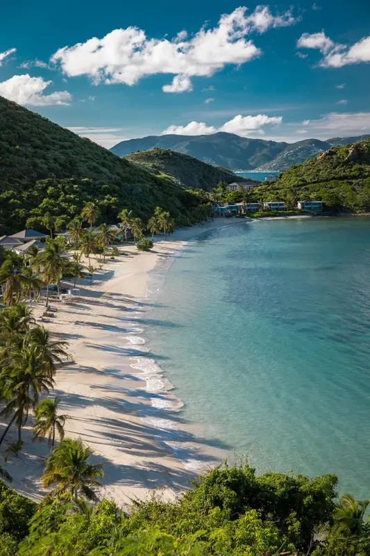 Une plage de sable blanc bordée de palmiers et de collines verdoyantes sous un ciel bleu.