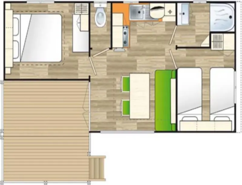 Plan d'un logement avec une chambre, un coin repas et un salon.
